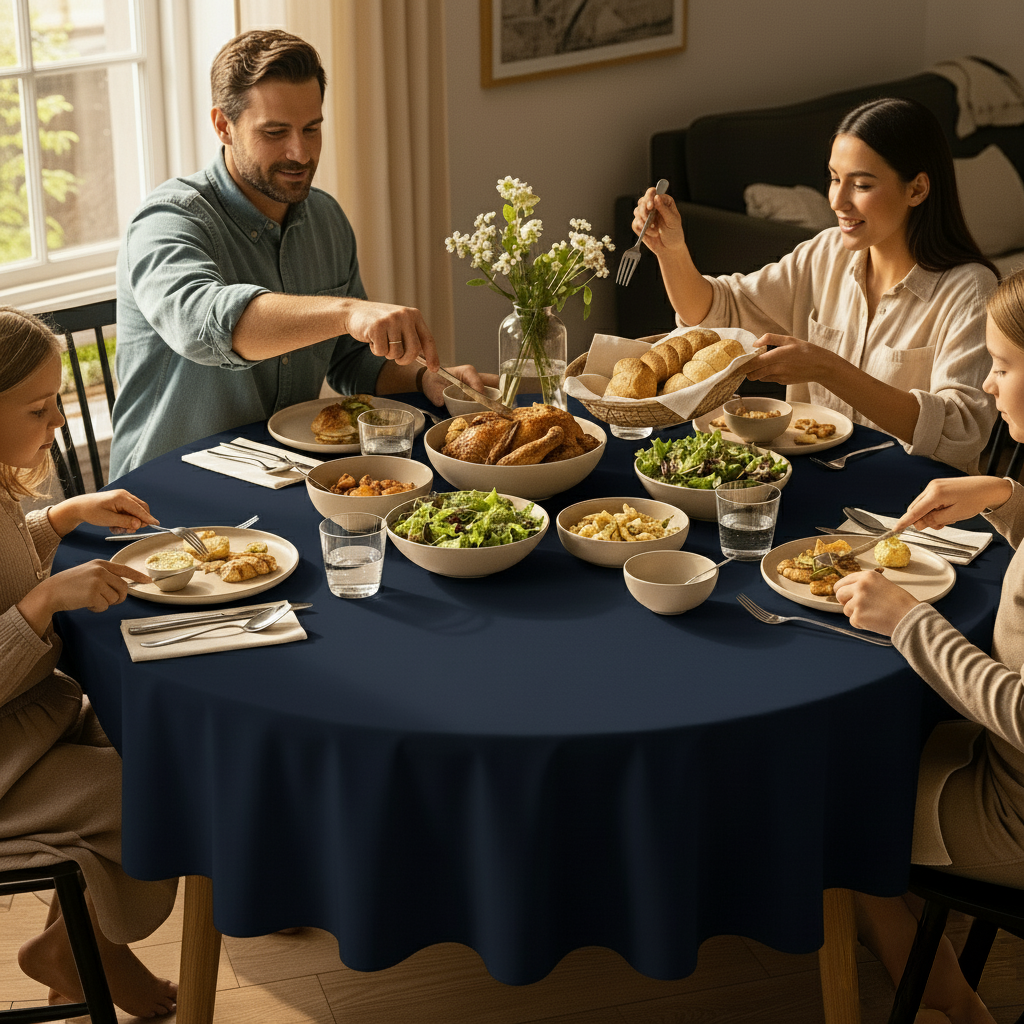 VIVORA Tafelkleed – Premium Polyester Tafellaken – Rond – ⌀140 cm – Midnight Blue – Waterafstotend & Uitwasbaar